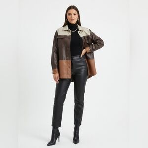 NEW Women's Brown/Tan Faux Leather Colorblock Jacket Size S